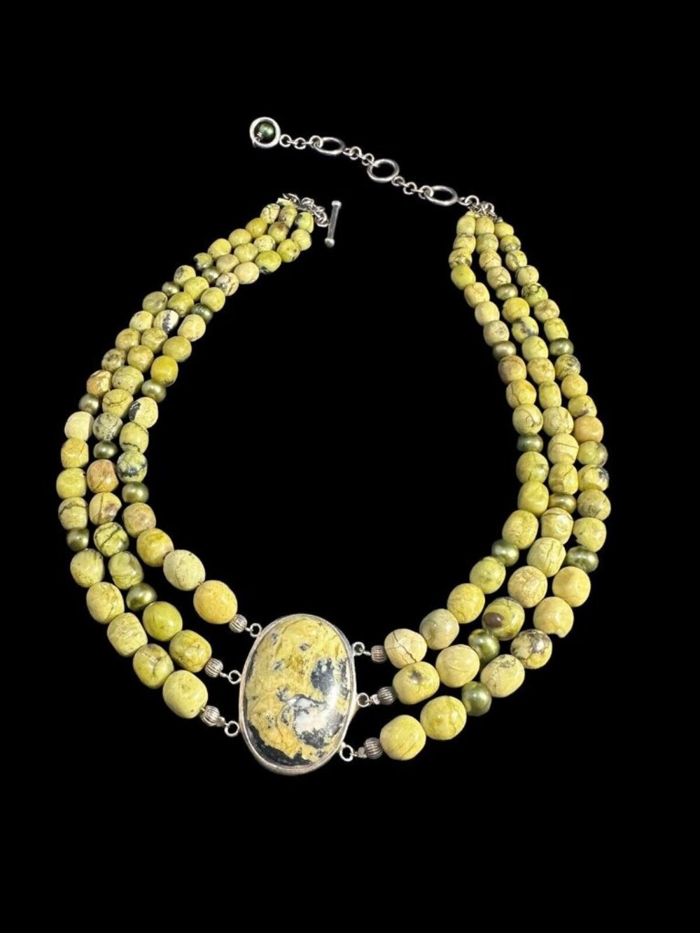 Necklace Signed CGI 925 Green Jasper Pearl Three Strand Beaded Adjustable Toggle